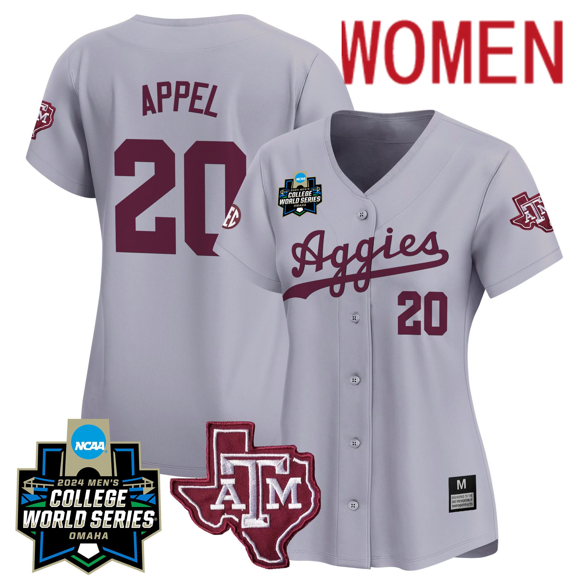 Women Texas A&M Aggies #20 Appel Grey 2024 College World Series Vapor Premier Limited NCAA Jersey->women nfl jersey->Women Jersey